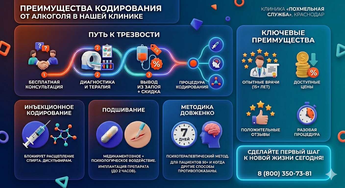 Инфографика о методах кодирования от алкоголя в Белово: инъекции, подшивание, метод Довженко. Преимущества клиники и этапы лечения.