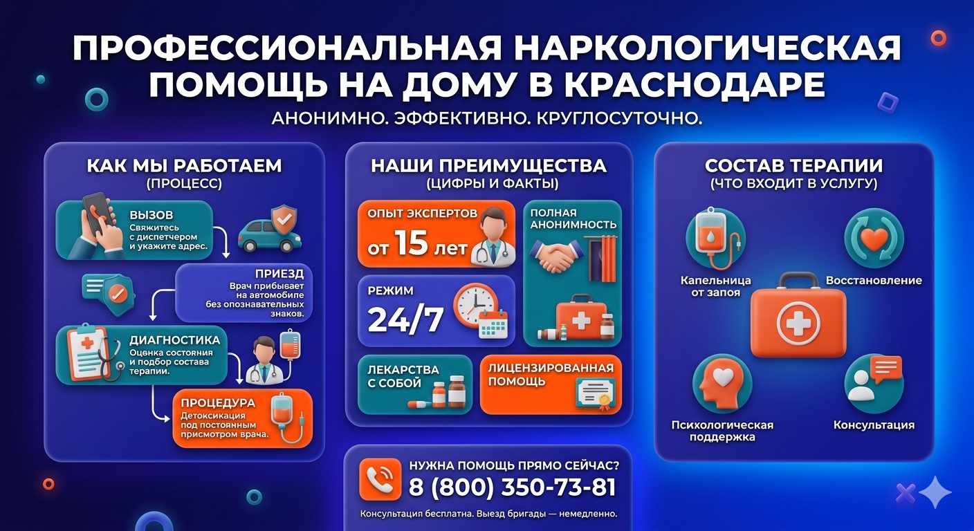 Инфографика о принципах лечения алкоголизма на дому в Белово: этапы вызова нарколога, преимущества анонимной детоксикации и состав медицинской помощи.